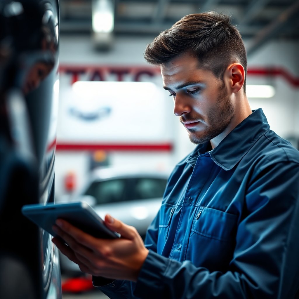 Close-up of a professional mechanic using a digital tablet to diagnose a car, focused expression, high-tech garage background, photorealistic, 8k, dramatic lighting, shallow depth of field
