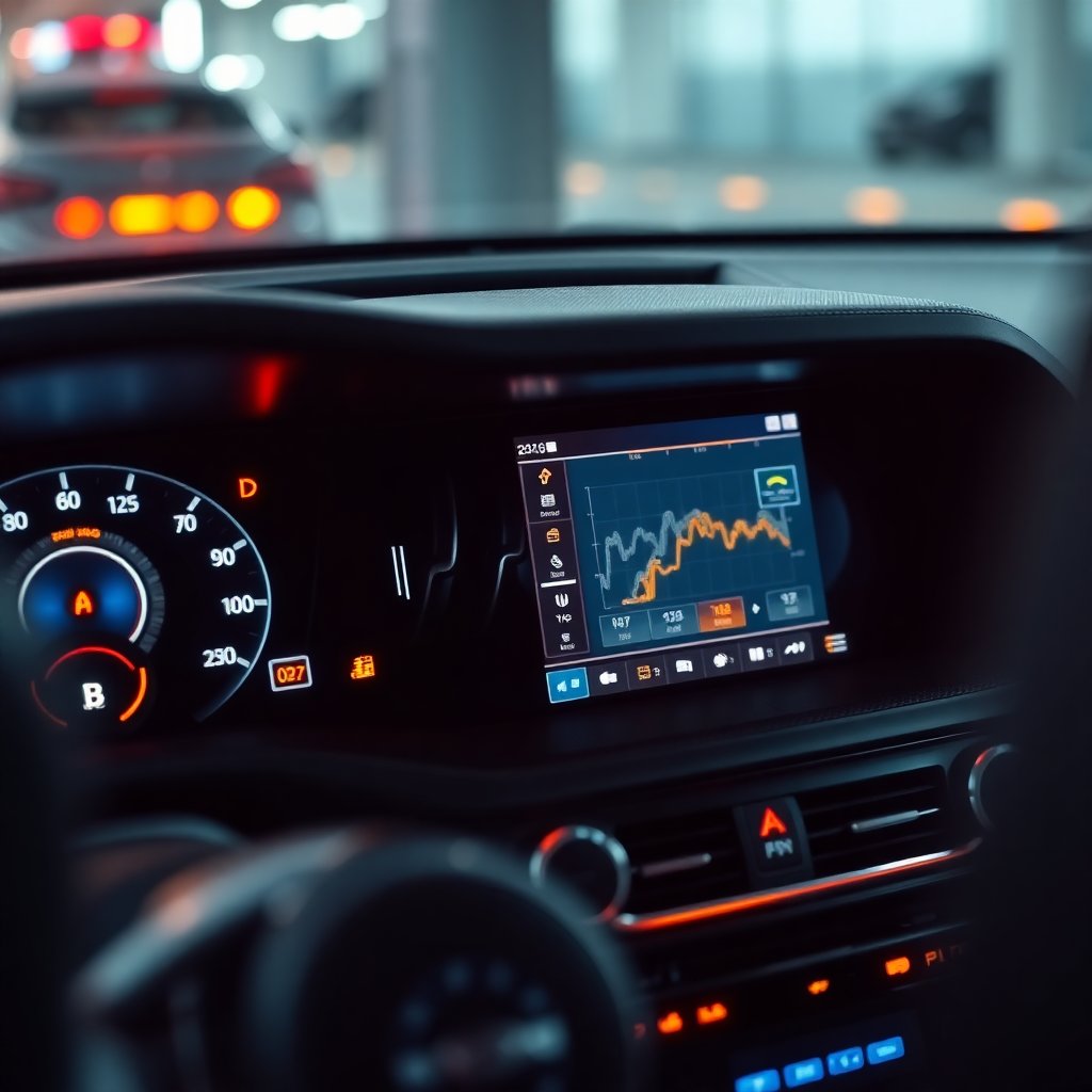 Modern car diagnostic computer connected to a car dashboard, glowing screens, futuristic automotive technology