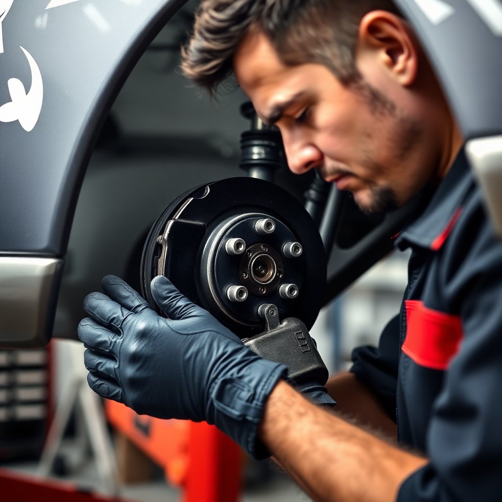 Professional car mechanic working on car brakes and suspension, close up, high quality, workshop environment