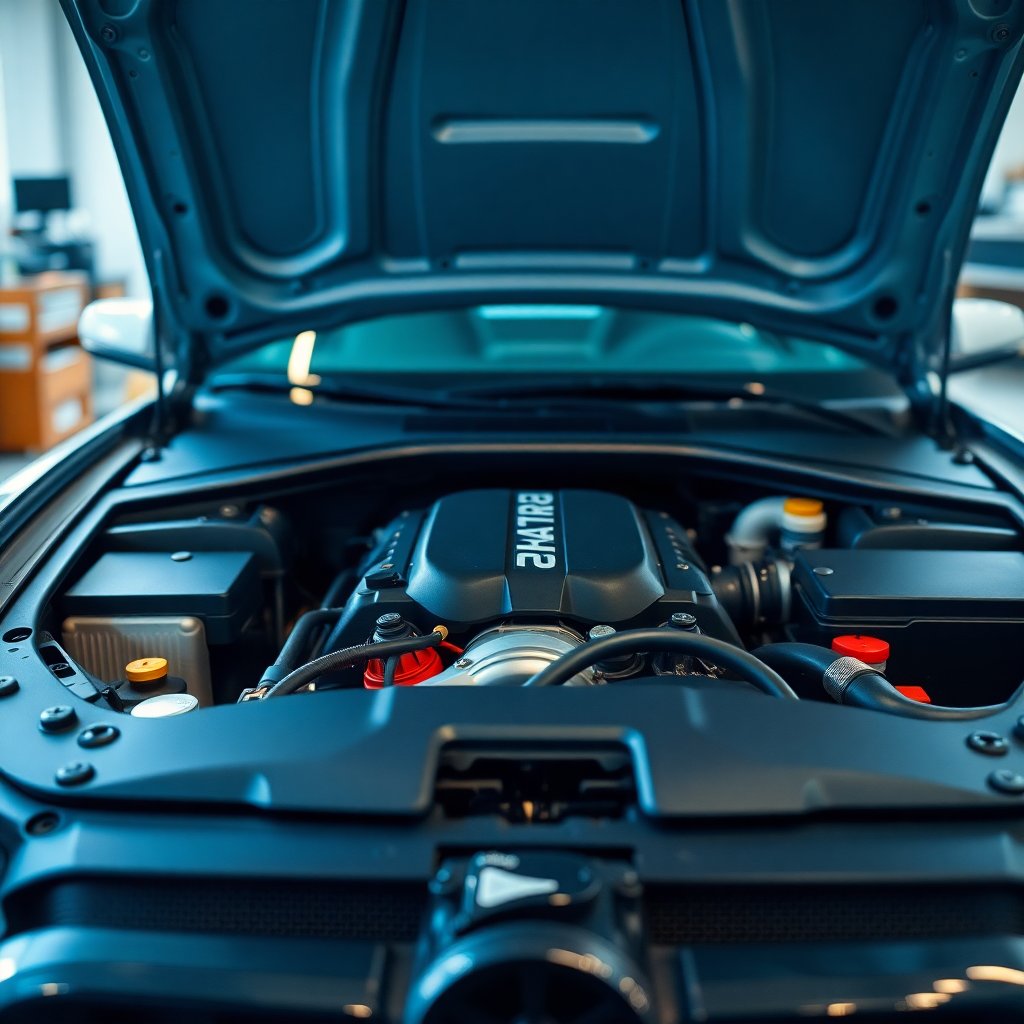 Detailed shot of a car engine bay, clean, professional lighting, parts highlighted, mechanical aesthetics, 8k, bokeh background