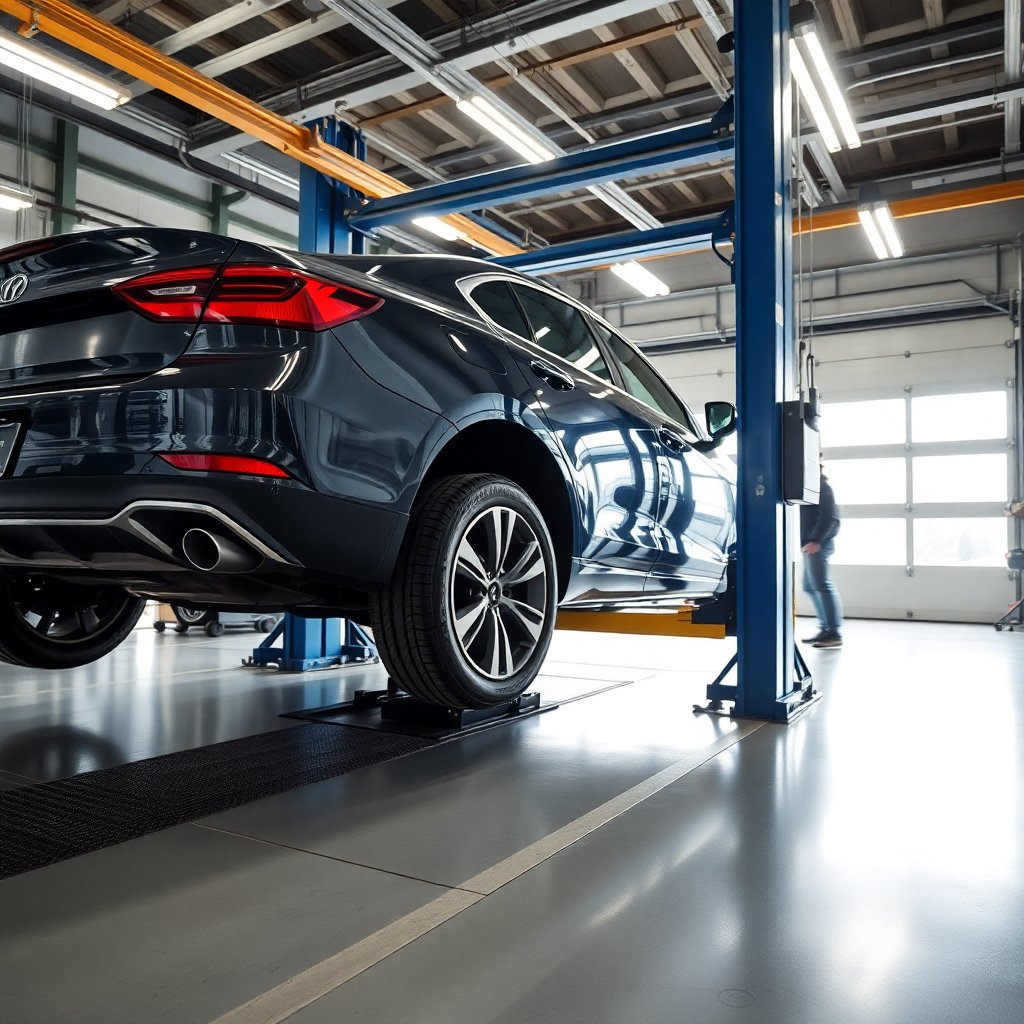 Car being inspected on a lift in a modern technical inspection station, professional equipment, bright lighting